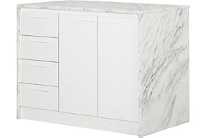 South Shore Myro Kitchen Island Faux White Marble and White, Contemporary
