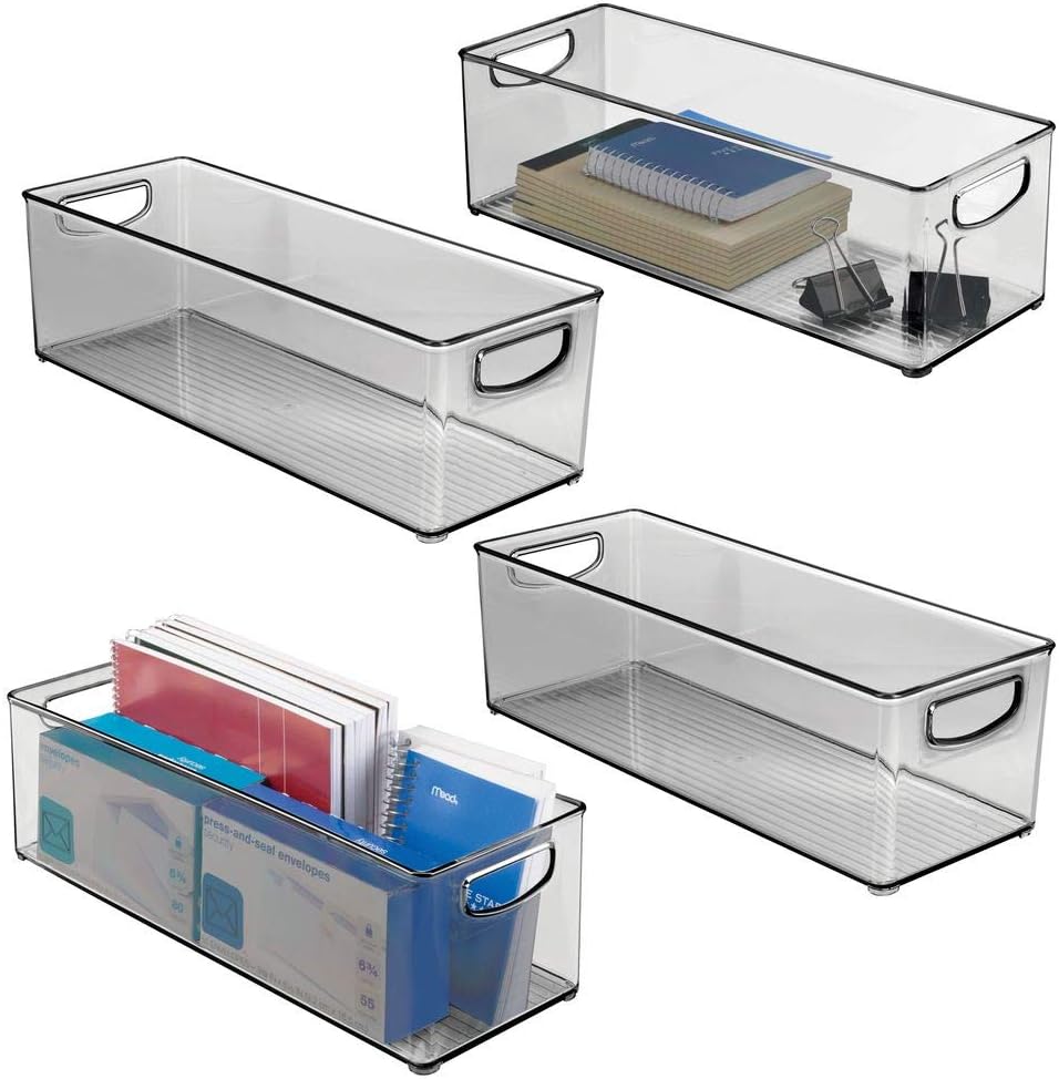 mDesign Plastic Deep Drawer Organizer Storage Bin Holder w/Handles for Home Office, Living Room, Kitchen, Bathroom, Bedroom; Desk Drawer - Holds Notebooks, Markers, Sticky Notes - 4 Pack - Smoke Gray