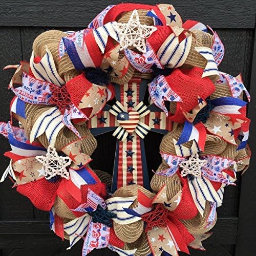 Patriotic Front Door Wreath with Decorative Cross