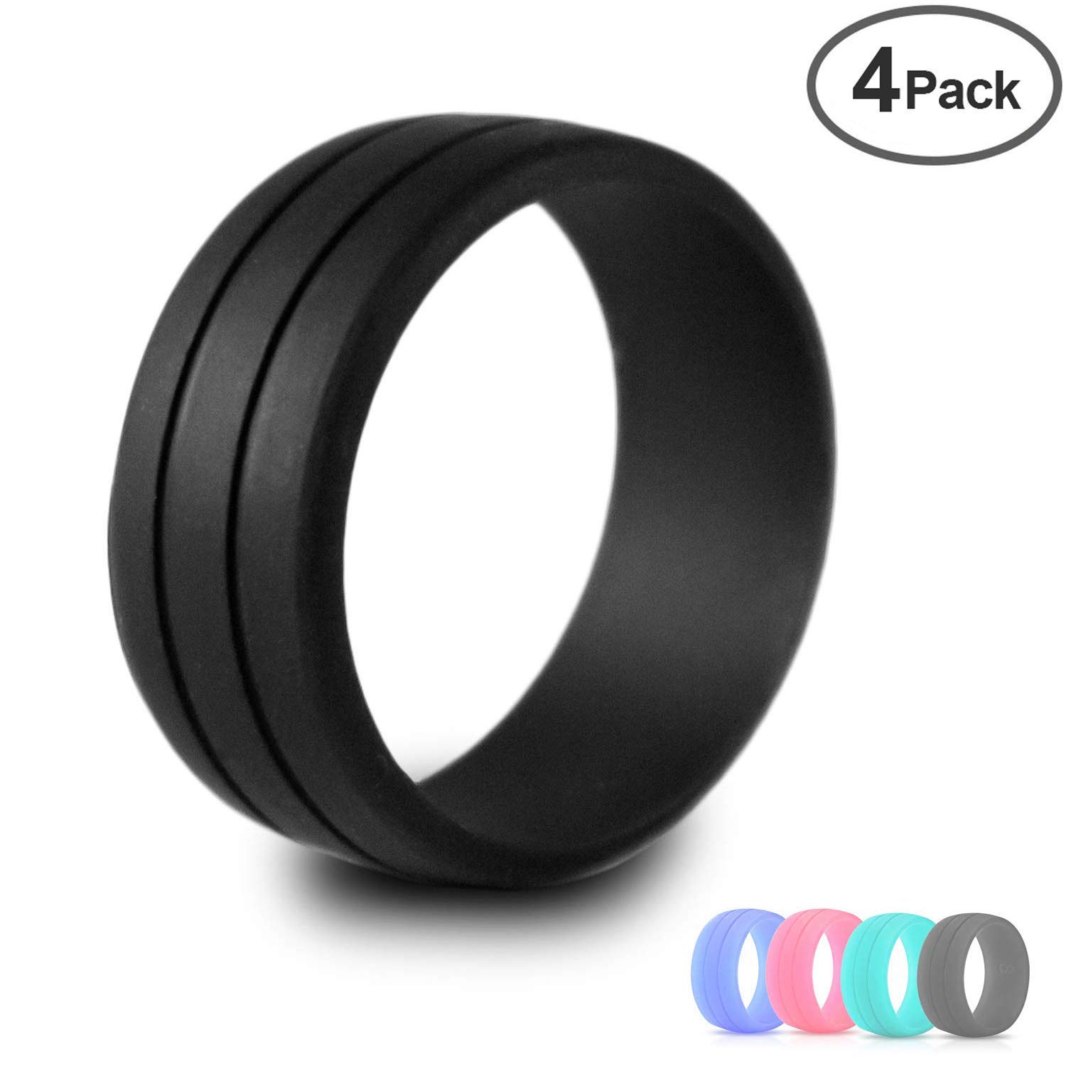 CLAN-X Silicone Wedding Rings,Premium Silicone Wedding Bands for Men&Women 4Pack By (Black Pink Blue Green, 7)