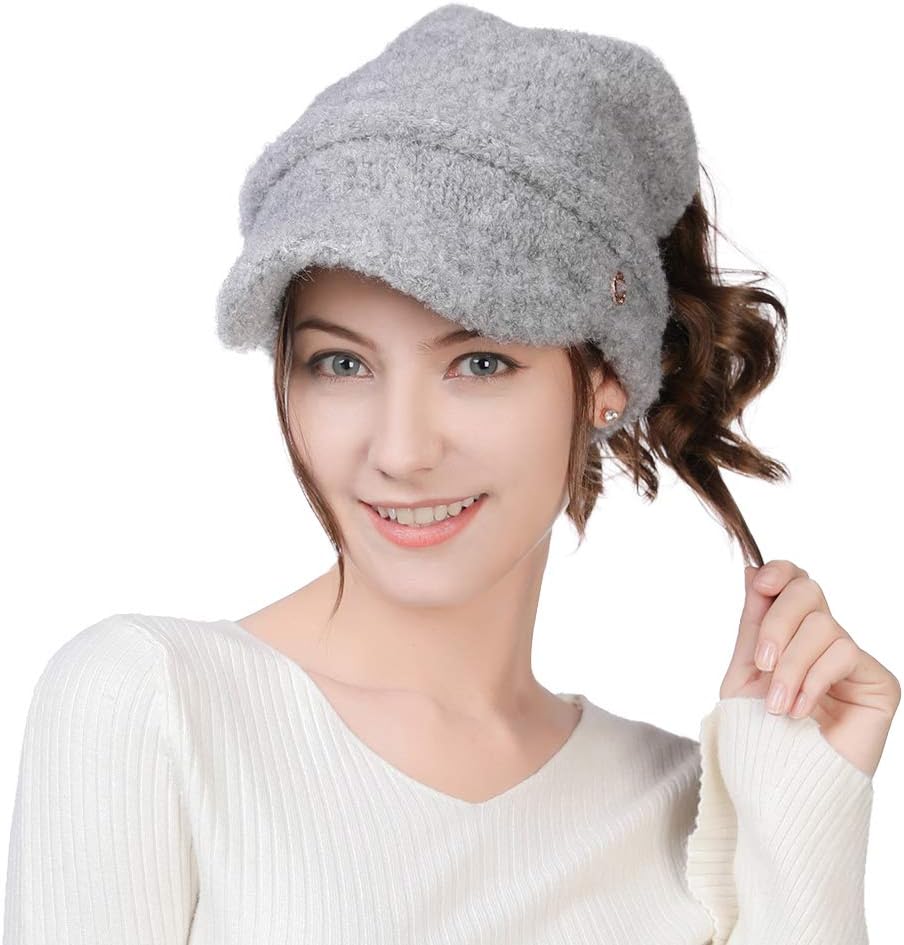 Womens Wool Blend Knit Visor Beanie Cloche Hat Baker Boy Hat Newsboy Cabbie Peaked Beret Warm Lined Winter Hats 55-59CM