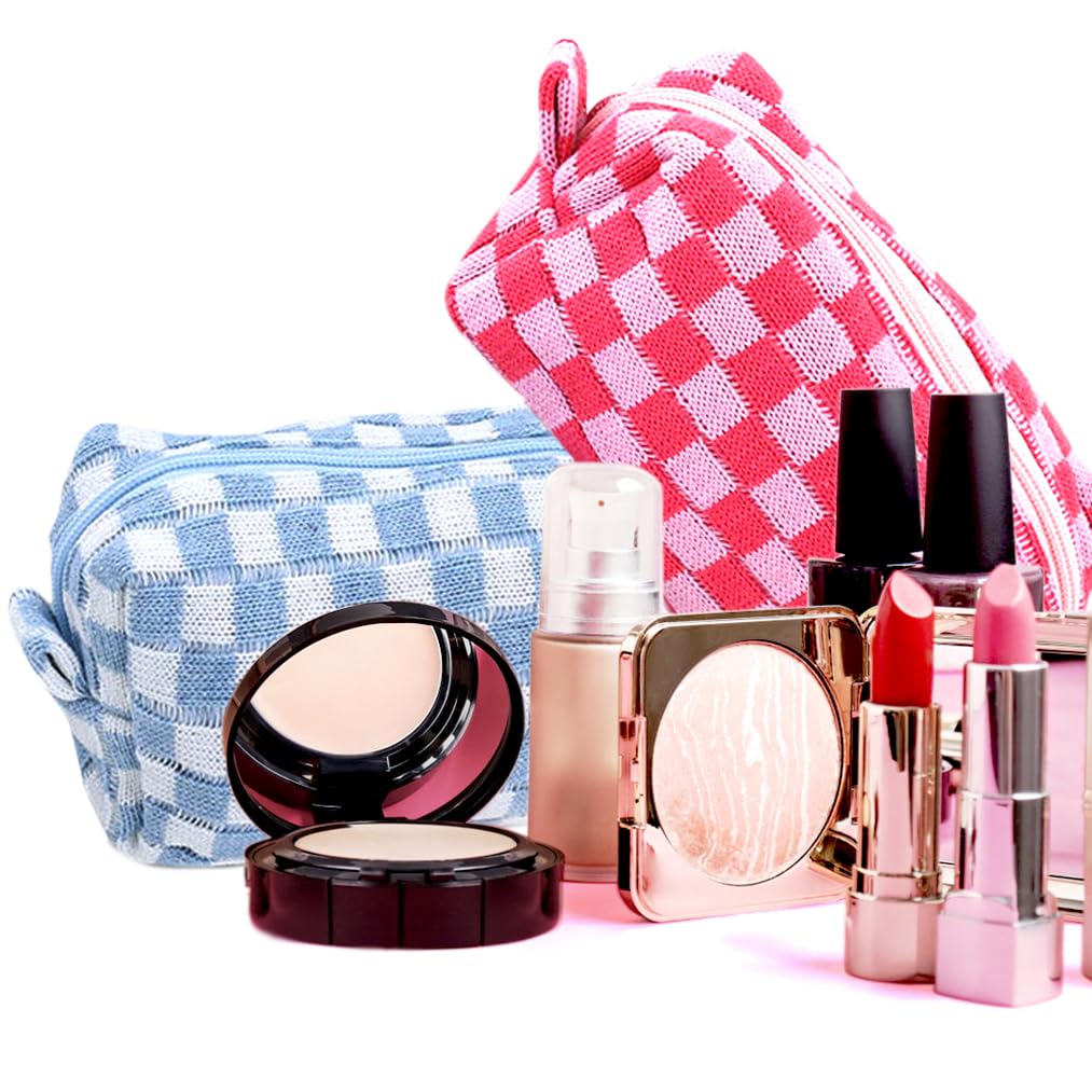 HUTIP Preppy Makeup Bag Small Checkered Cosmetic Bag Makeup Pouch Toiletry Pouch Set for Purse Aesthetic Pink Blue Checkered Large Capacity Travel College Supplies Cosmetic Organizer Make Up Bag