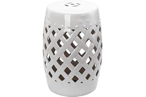 Knocbel Decorative Ceramic Garden Stool, Double-Coin Knotted Ring Design Side Table, Accent Indoor Outdoor Glazed Strong Material Plant Stand, 13.5" Dia x 17.25" H, White Double-Coin