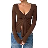 OYOANGLE Women's Long Sleeve Tie Knot Front V Neck T-Shirt Split Hem Trendy Tunic Casual Wrap Crop Tops
