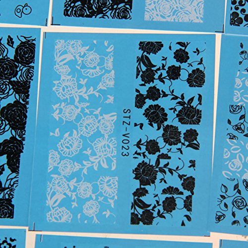Chinatera 48 Sheets Nail Art Water Transfer Decal Lace Flower Sticker Black White Manicure