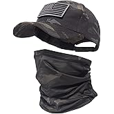 Camo Hat Baseball Cap Camo Face Mask Neck Gaiter with American Flag Patch for Men/Women Outdoors Tactical Military