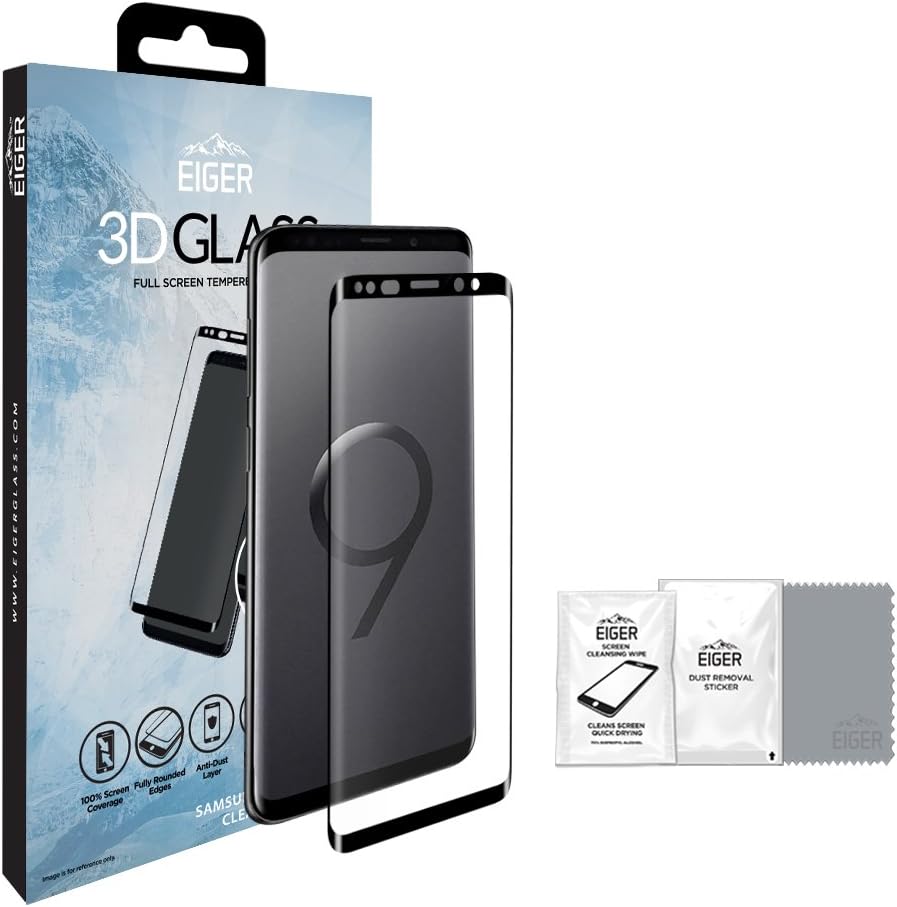 EIGER Edge to Edge Premium Tempered Curved Glass Screen Protector for Samsung Galaxy S9 with Cleaning Kit - Black/Clear