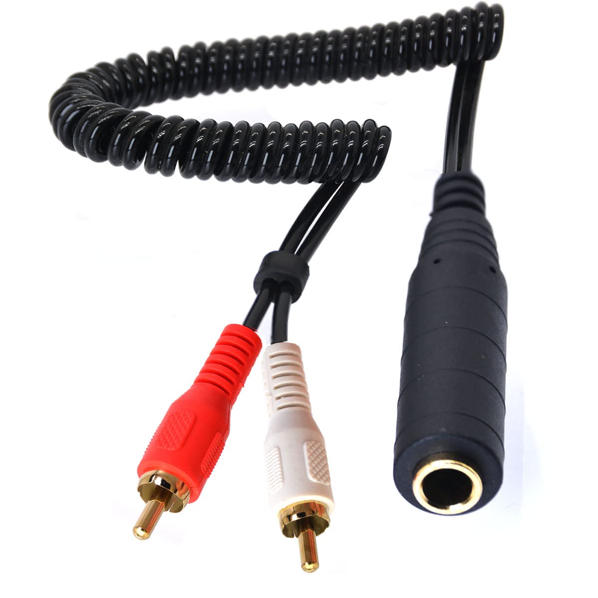 Coiled 6.35mm to 2 RCA Y Splitter Cable,Spring Gold-Plated 6.35mm (1/4 inch) TRS Female to 2 (Dual) RCA Male Stereo Audio Y Splitter Extension Adapter Cable(for audio only) (80cm/2.6ft) (2RCA Male)