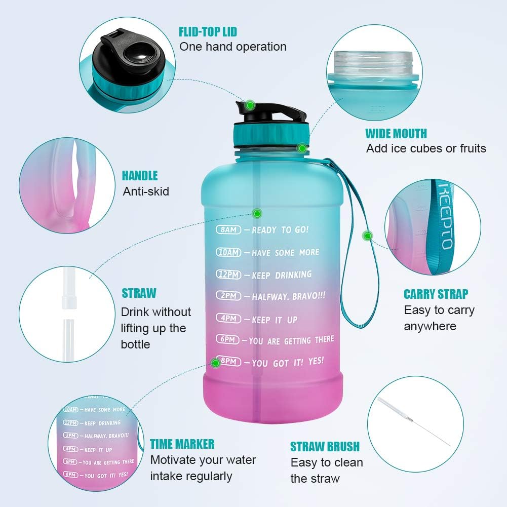 KEEPTO Half Gallon/64oz Leakproof BPA Free Water Bottle with Motivational Time Marker, Straw&Handle, Ensure Enough Water-Drinking Amount for Fitness and Outdoor Sports(Included Straw Brush) : Sports & Outdoors