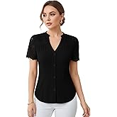 winkbay Women's Elegant Lace Button Down Shirts Summer Notched V Neck Short Sleeve Fitted Dressy Casual Blouses