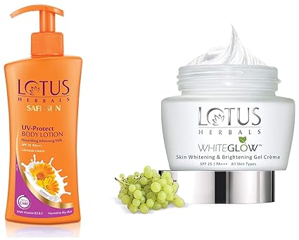 Lotus Herbals Safe Sun UV-Protect Body Lotion For Dry Skin, 250 ml and Lotus Herbals Whiteglow Skin Whitening And Brightening Gel Creme, SPF-25, 60g
