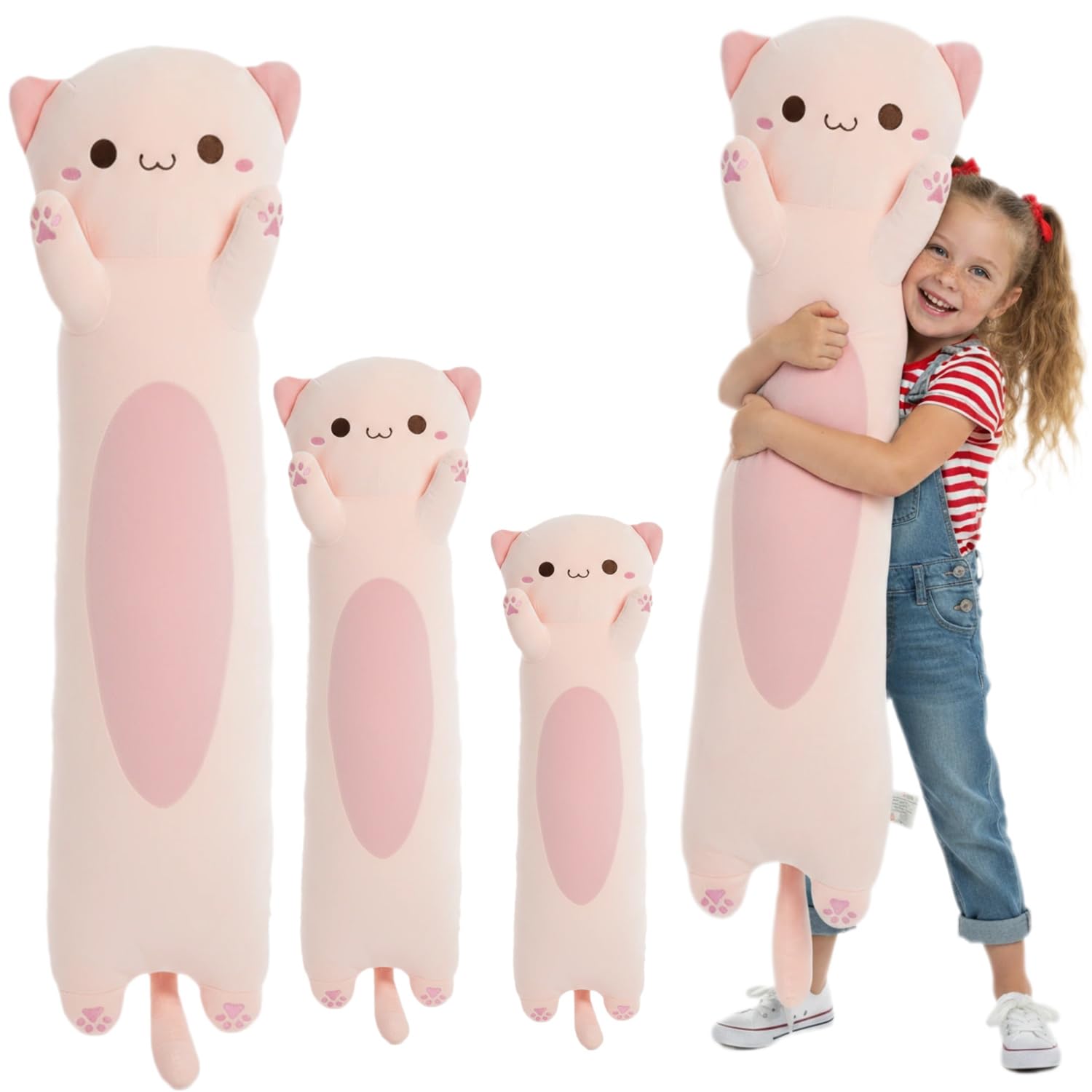 Kekeso Long Cat Plush Toy,Soft Cat Plush Pillow Stuffed Animal for Kids & Adults, Kawaii Kitty Body Pillow Gift for Boys Girls (Pink, Round Eyes, 110cm/43.31inch)
