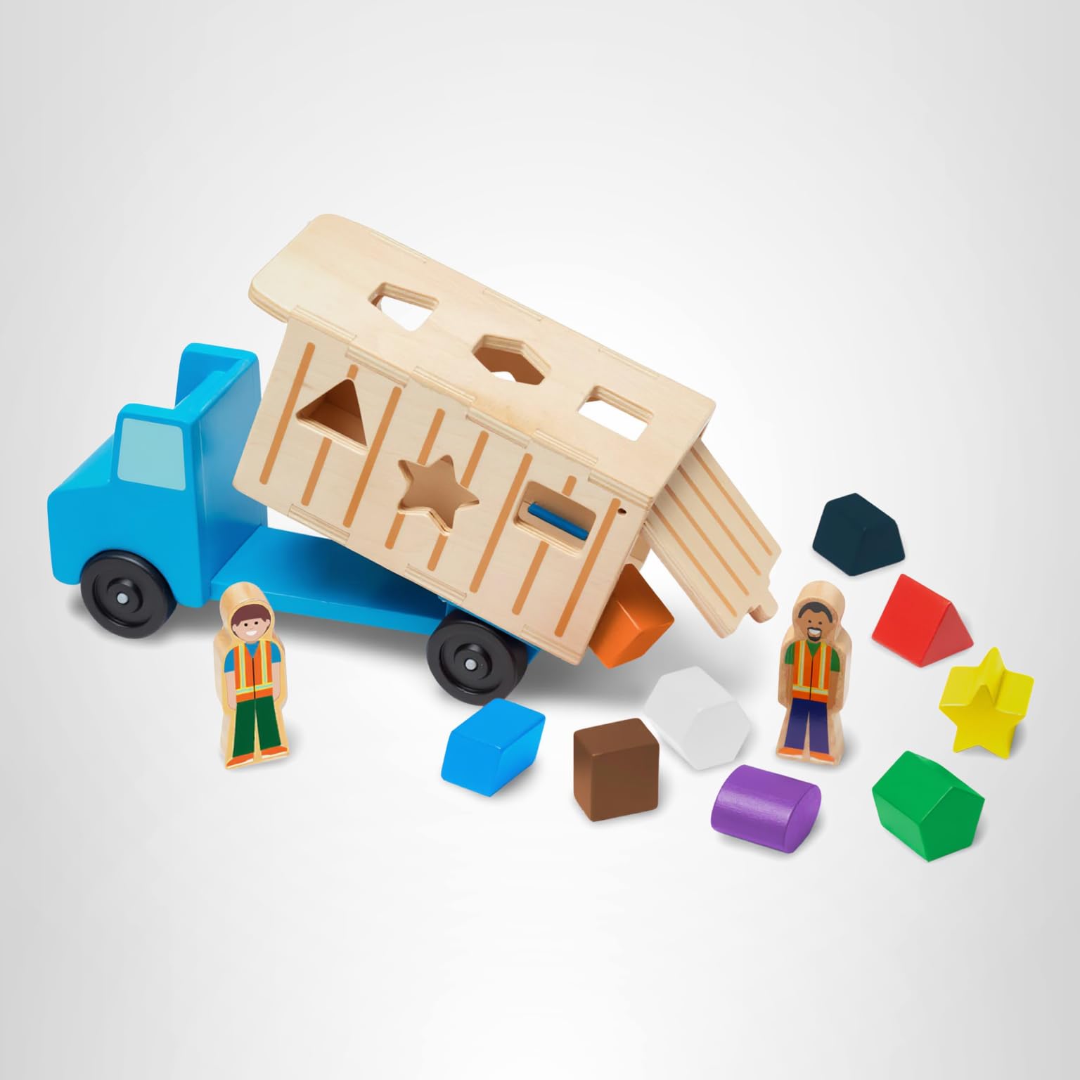 Melissa & Doug Shape-Sorting Wooden Dump Truck Toy with 9 Colorful Shapes and 2 Play Figures Wooden Vehicle Toys, Shape Sorter Toys for Toddlers Ages 2+