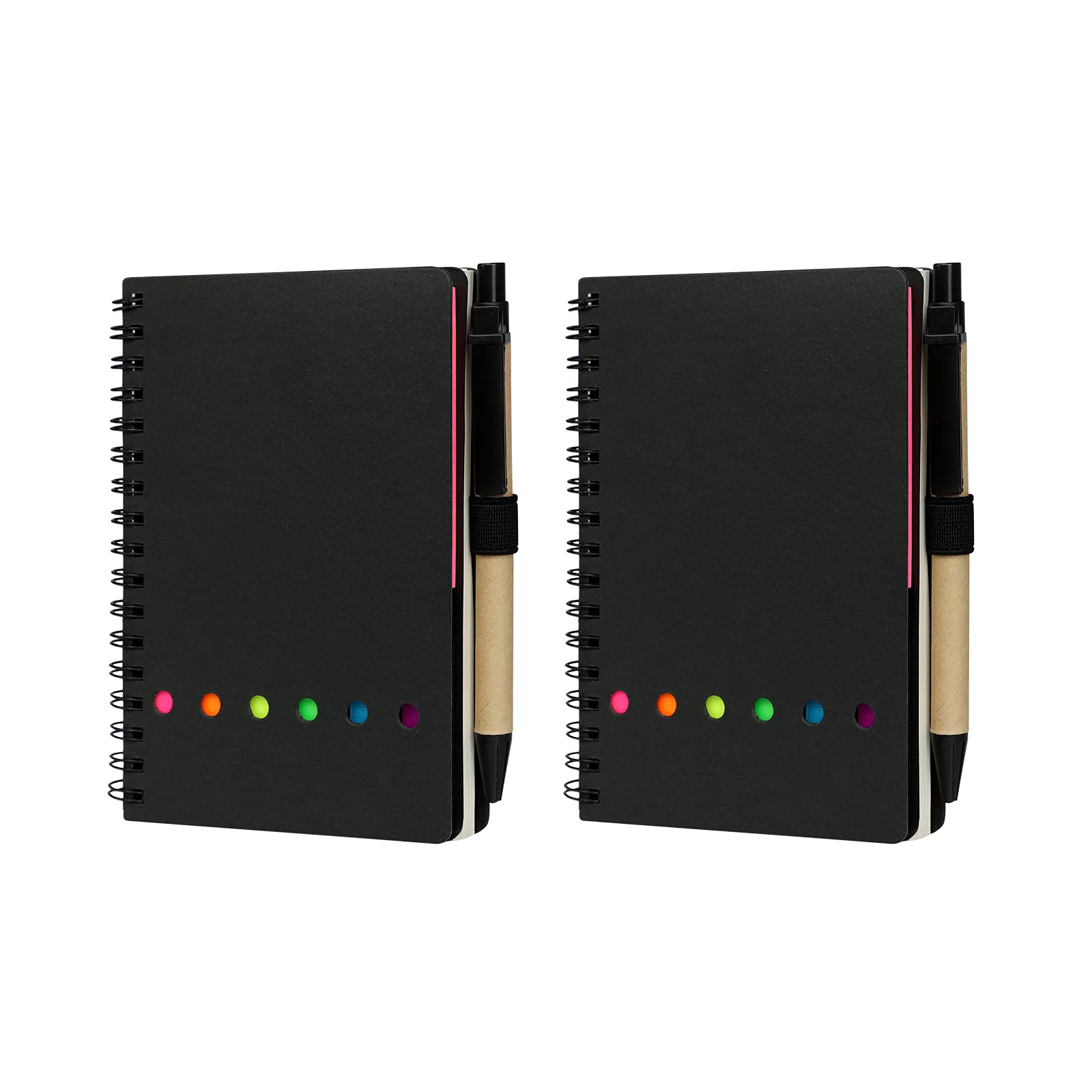2 Pcs A6 Spiral Notebook with Sticky Notes and Pen, Kraft Paper Cover Lined Paper Writing Journal Notes, Colored Index Tabs Flags Notepad, Small Pocket Notepad for School Work Office - 80 Pages