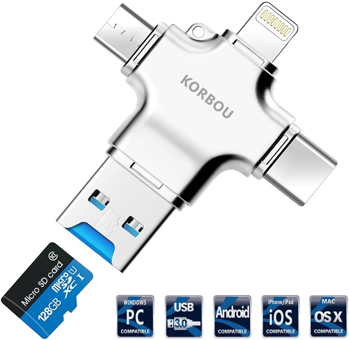 Card Reader, 4 in 1 Micro SD Card Reader with Type C USB Lightning Connector OTG HUB Adapter, TF Flash Memory Card Readers For iPhone, iPad, Mac, PC, Android USB 3.0 (Silver)