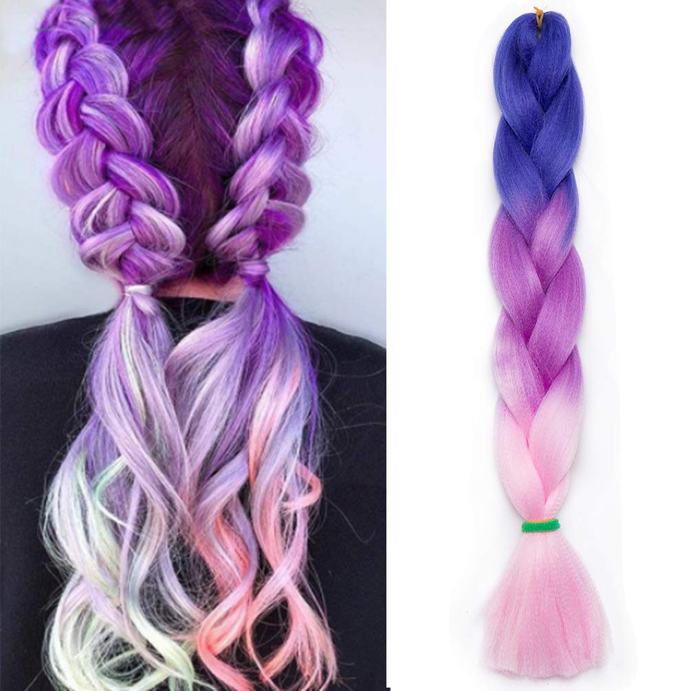 Rainbow Color Jumbo Braiding Hair Extensions 3 Tone Colorful Synthetic Braid Hair Extension 1pc 24 inches Blue to Light Purple to Pink