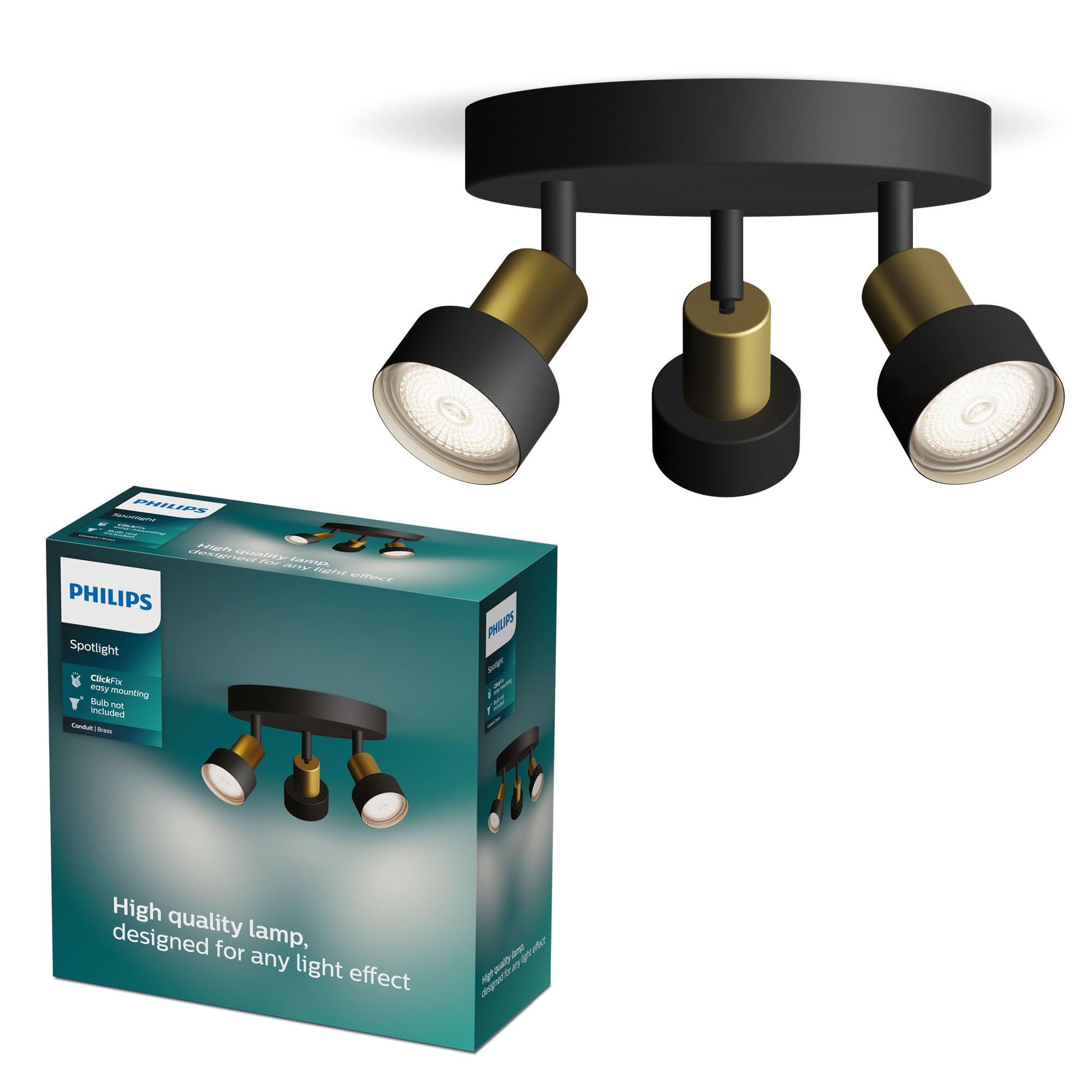 PHILIPS Conduit Spot 3-Head on Round plale, GU10 not Included, Brass, IP20, Black/Gold