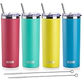 koodee 20 oz Tumbler with Lid and Straw -4 Pack Insulated Skinny Tumblers Stainless Steel Double Wall Water Cup (Yellow/Teal/Sky Blue/Wine Red)