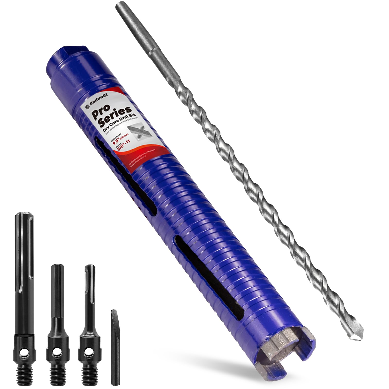 Photo 1 of DaduoRi 1-1/2" Pro Dry Core Drill Bit with Pilot Bit & 3 Adapters (SDS Plus/SDS Max/1/2 Hex), Upgraded-Welded Core Bits for Concrete with Rebar, Masonry, Brick, Mortar - 9.5" Depth, 5/8"-11 Thread