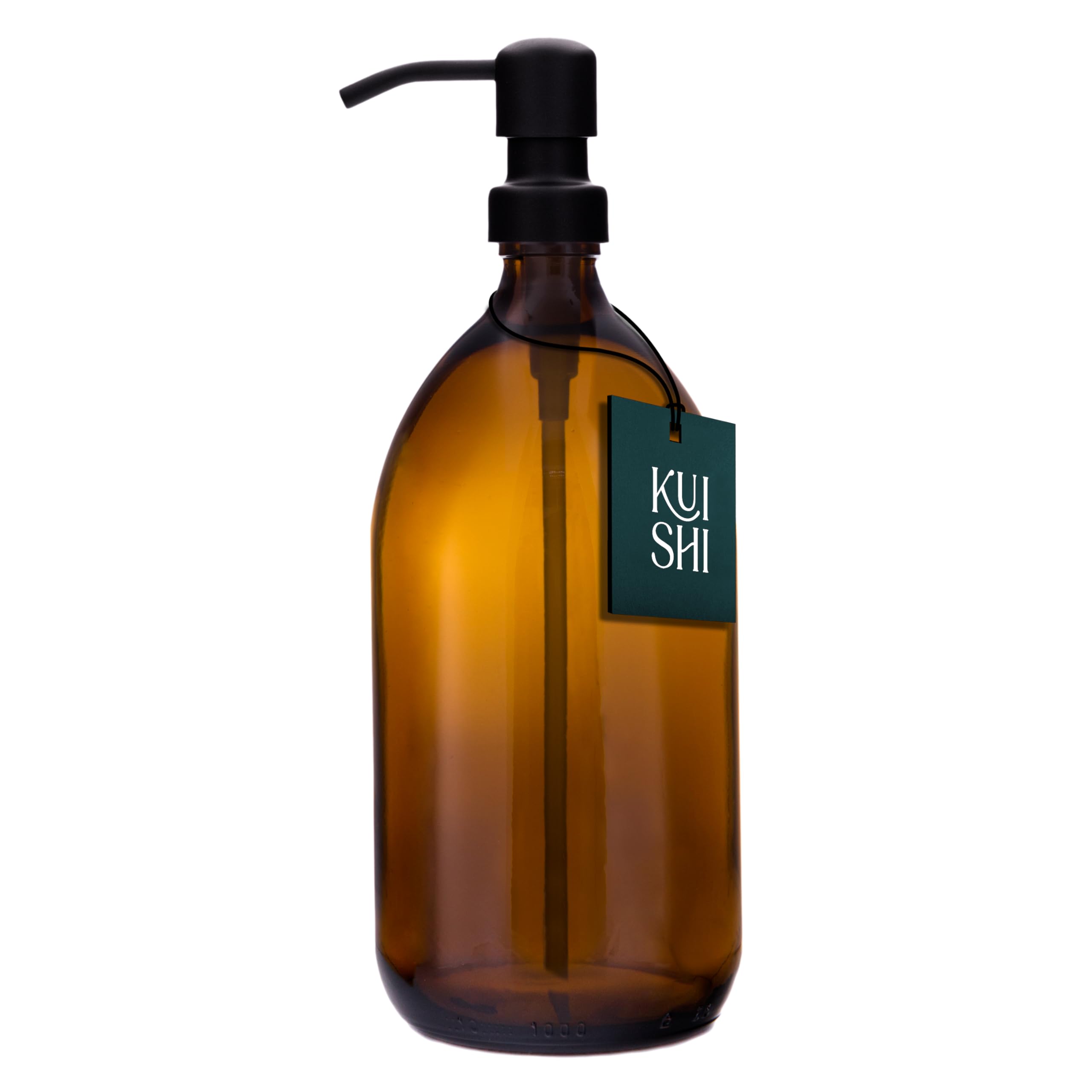 Kuishi Glass Soap Dispenser with Black Stainless Steel Pump - 1000ml Refillable BPA-Free Hand Soap Dispenser for Kitchen & Bathroom, Amber