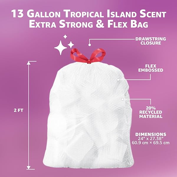 AMAZON BASICS EXTRA STRONG & FLEX TALL KITCHEN DRAWSTRING TRASH BAGS, TROPICAL ISLAND SCENT, 13 GALLON, 40 COUNT