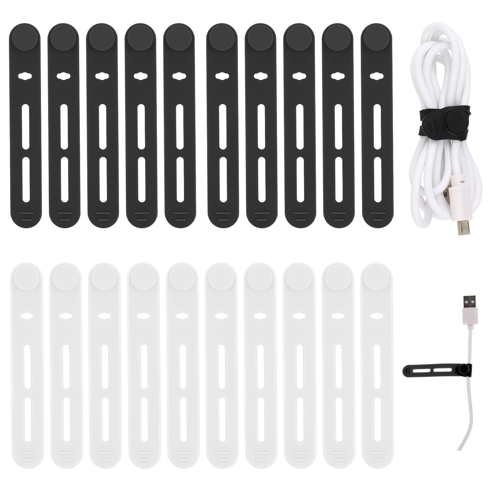 Molain Reusable Cable Ties, 20Pcs Adjustable Silicone Multifunctional Cable Straps Wire Organizer for Charging Cords Earphone Computer Wire Desk Cable Management Travel Accessories(Black+White)
