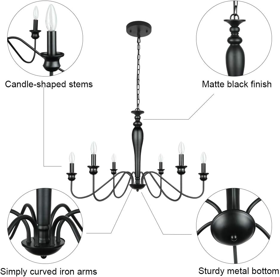 Derksic 6-Light Farmhouse Chandelier Black Iron Chandeliers Rustic Industrial Candle Chandelier for Dining Room Living Room Kitchen Bedroom Foyer Barn: Home Improvement