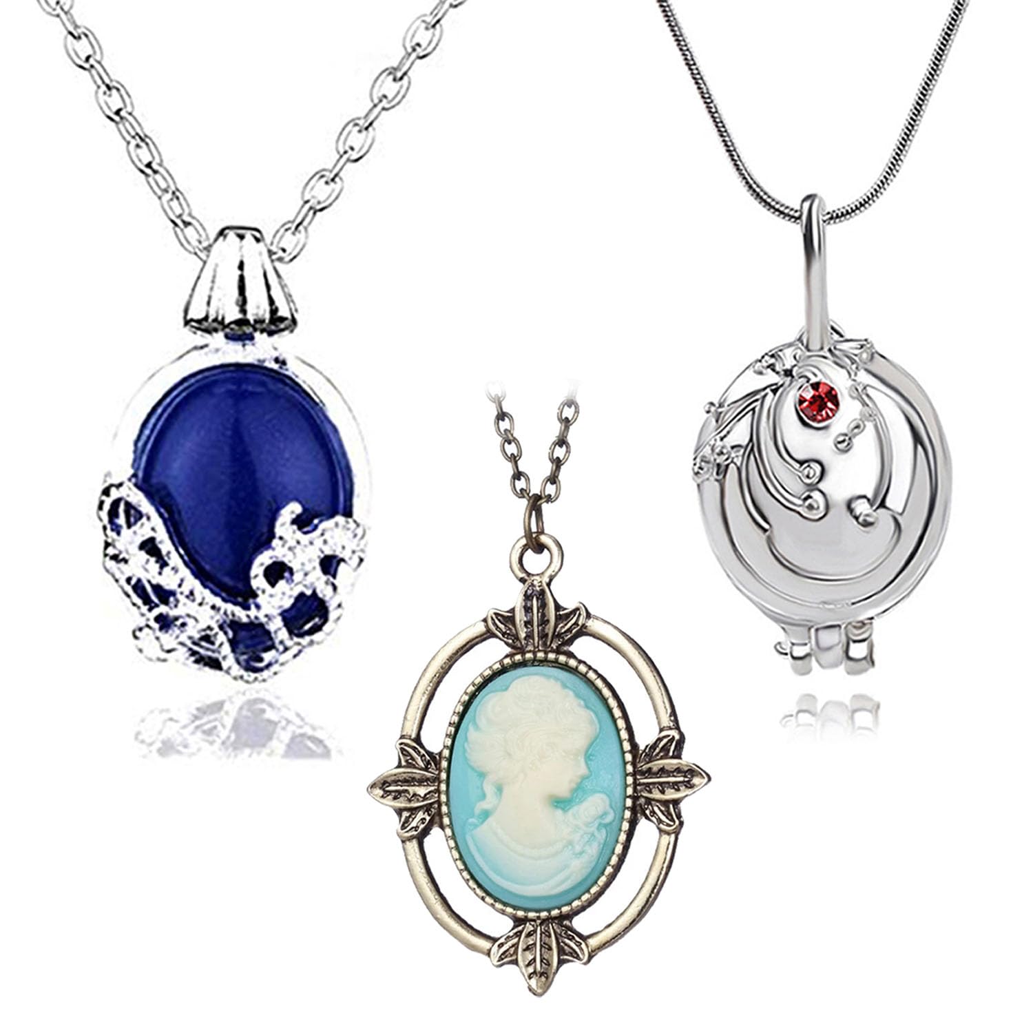 YouU 3 pcs Vampire Daywalking Katherine Sapphire Crystal Necklaces Elena Opening Vervain Locket Pendant Bronze Head Stone Charm Pendant Jewelry Set