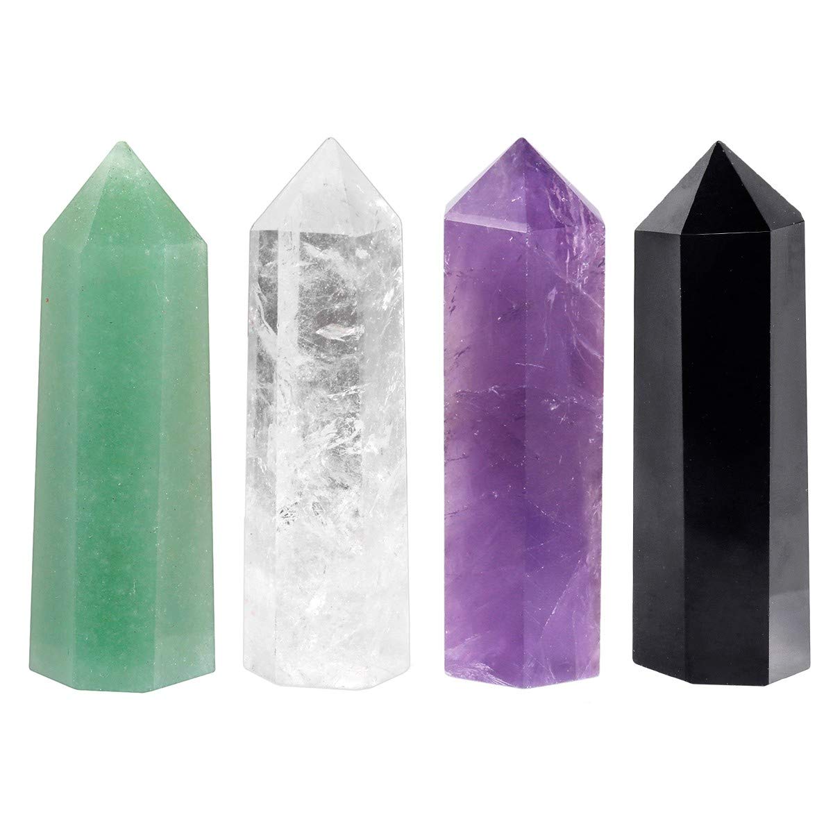 mookaitedecor Natural Healing Crystal Wands Set of 4, Quartz Crystal Stone Point for Chakra Meditation Wiccan Witchcraft Decor Gift, Amethyst & Clear Quartz & Green Aventurine & Black Obsidian