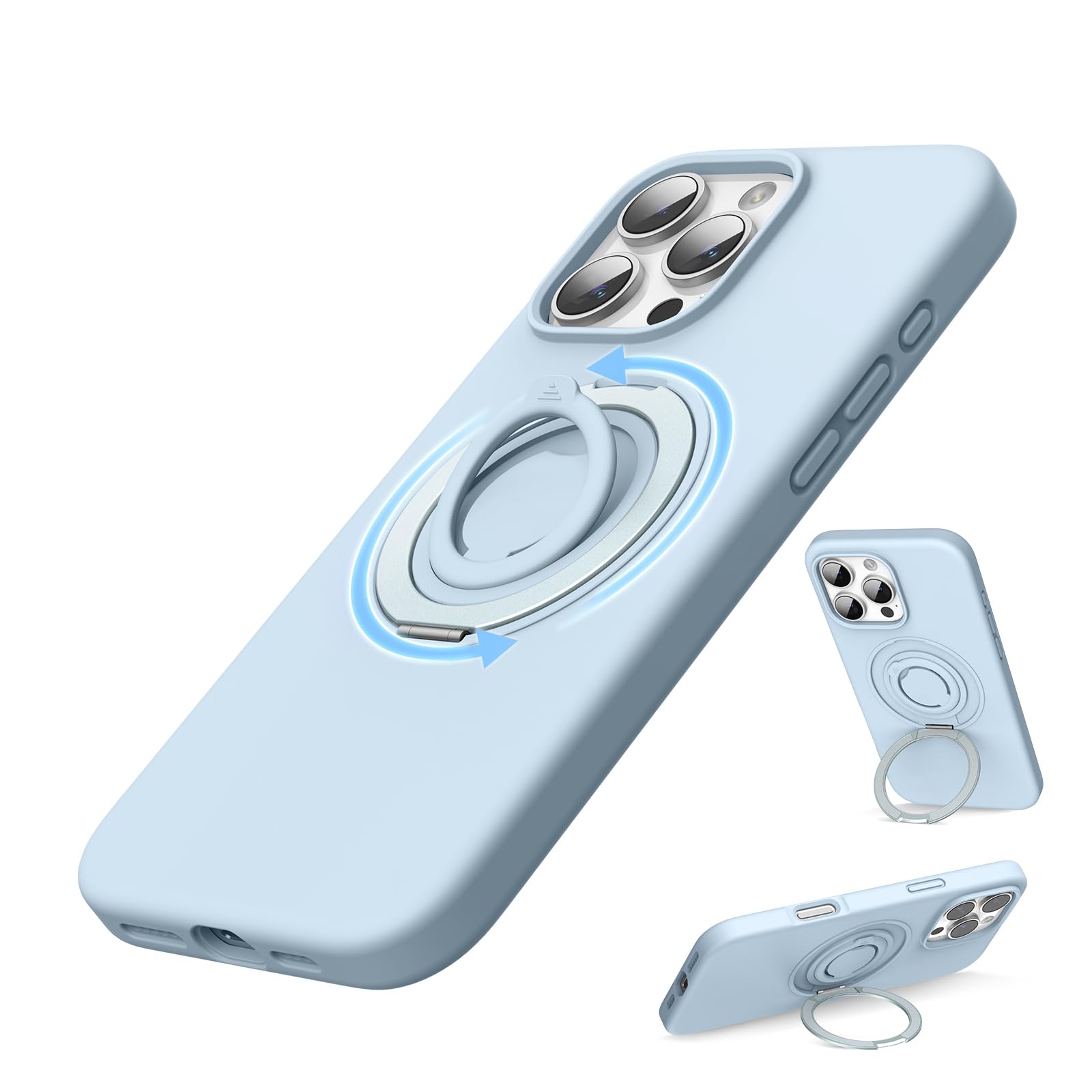 SURPHY Design for iPhone 16 Pro Max Case, with 360° Rotatable Magnetic Stand & Finger Ring, Liquid Silicone Phone Case for iPhone 16 Pro Max 6.9 inch 2024, Cloud Blue