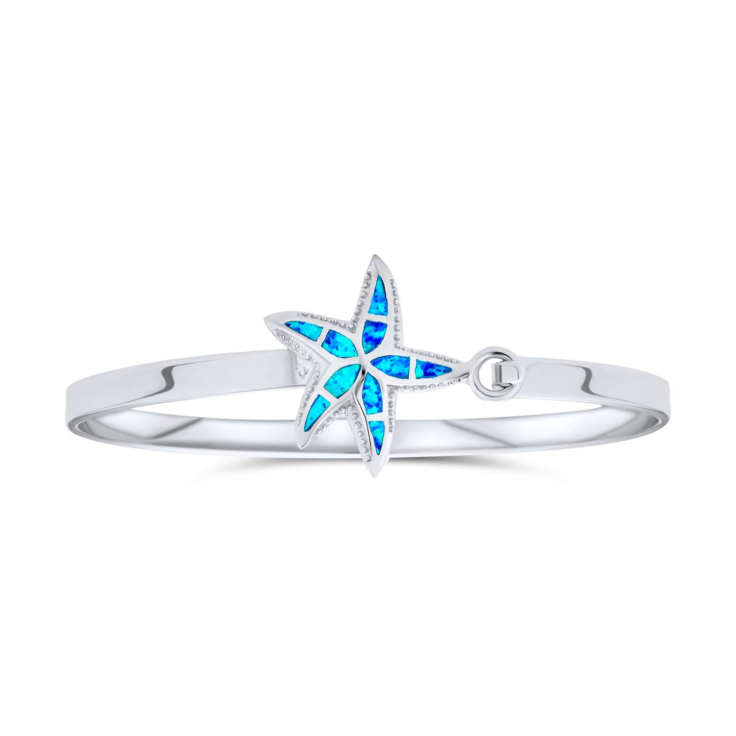 Bling Jewelry Nautical Beach Starfish Created Blue Opal Bangle Bracelet For Women Polished .925 Sterling Silver