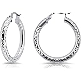 Hoops & Loops 925 Sterling Silver Diamond-Cut Round Hoop Textured 3mm Click-Top Earrings for Women, Slver, Two-Tone 14K Yellow Gold Flash Plate 15/20/25/30/35/40/45/50mm Hoops