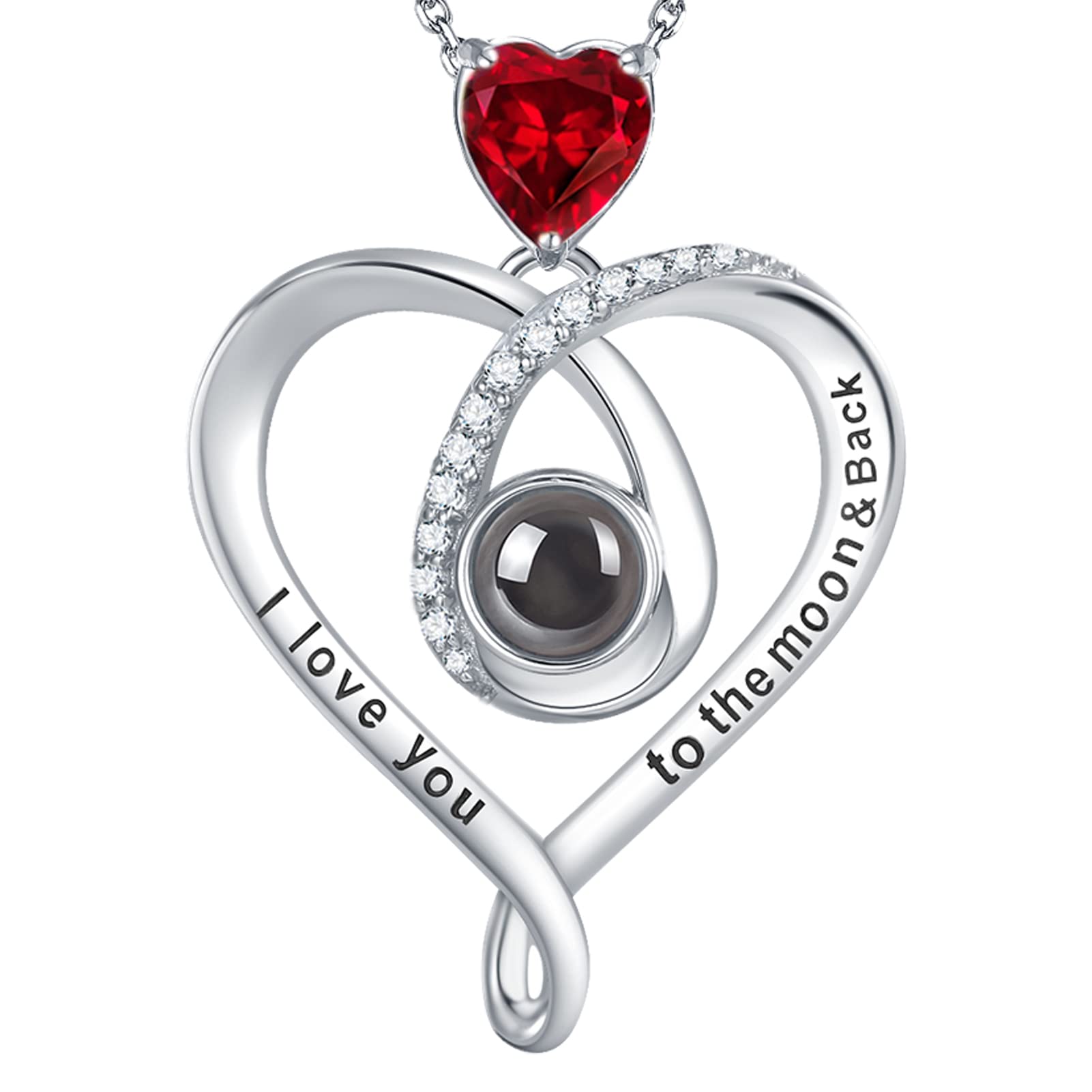 GinoMay Mothers Day Jewellery Garnet Necklace Birthday Gifts January Birthstone I Love You Necklace 100 Languages to the Moon and Back 925 Silver — image 1