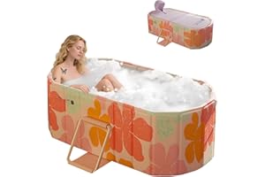 Gets 59" XXL Oval Ice Bath Tub For Athletes,Portable Bathtub for Adults Foldable Soaking Standing Hot Bath Tub for Shower Stall,Separate Family Bathroom SPA with Cover(Pink,59"×22"×19")