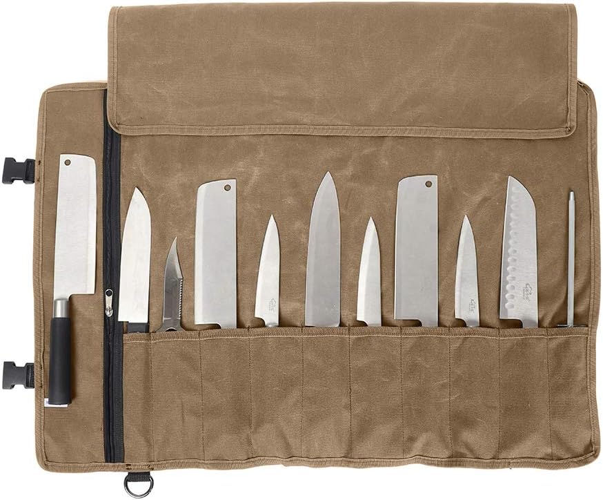 Chefs Knife Bag(11 Slots), Knife Roll for Kitchen Knife Tools Up To 18.8”, Heavy Duty Waxed Canvas Japanese Knife Set Case, Portable Travel Tool Roll Pouch for Meat Cleaver, Knife Sharpener: Kitchen & Dining