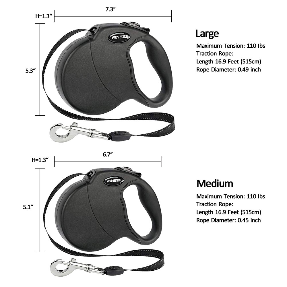 WINSEE Retractable Dog Leash 5M Extendable Leads for Small Medium Dogs One Button Lock with Reflective Belt Black