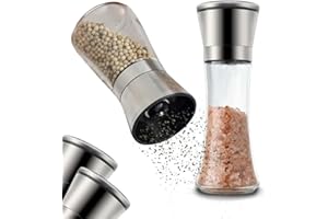 Bestdin Salt and Pepper Grinder Set of 2, 180ml&200ml Stainless Steel Salt Grinder, Pepper Mill with Adjustable Coarseness, Pepper Grinder Refillable with Glass Body, Peppercorn Grinder for Cooking