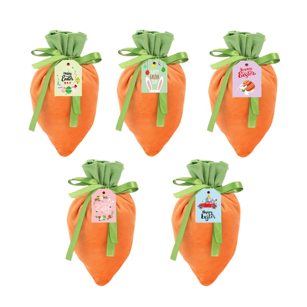 Ohnngbby Easter Gift Bags Velvet Carrot Bags 5pcs, Sweet Bags Drawstring Gift Bags, Easter Bags For Easter Egg Hunt, Easter Gifts For Kids, Sweet Cone Bags With Easter Cards For Easter Decorations