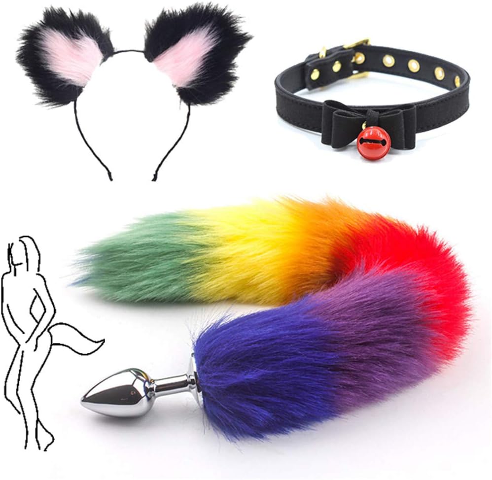 3Pcs, Rainbow B-ü-t-t P-l-ǔ-g Fox Tail + Cosplay Headband + Collar Halloween Party Toys (Black-Pink)