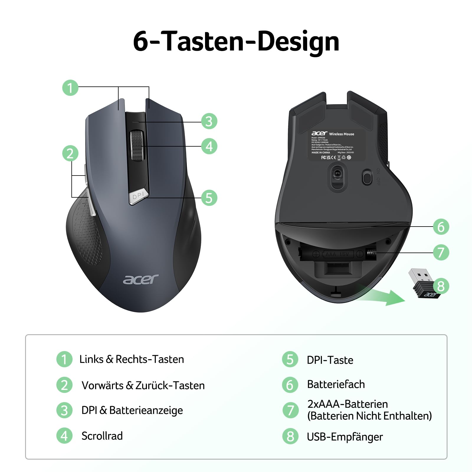 acer Maus Kabellos, 2.4GHz 1600 DPI Funkmaus, 3 Einstellbare DPI Wireless Mouse mit 6 Tasten, Batteriebetriebene Kabellose Maus für Laptop, PC und MacBook, Empfohlen für Rechtshänder 7