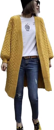 Amazon Piite ロングカーディガン レディース 秋冬服 セーター ロング丈 ざっくりニット ドルマンシルエット アウター 厚手 カーディガン 無地 シンプル コート スタイリッシュイエロー カーディガン ボレロ 通販
