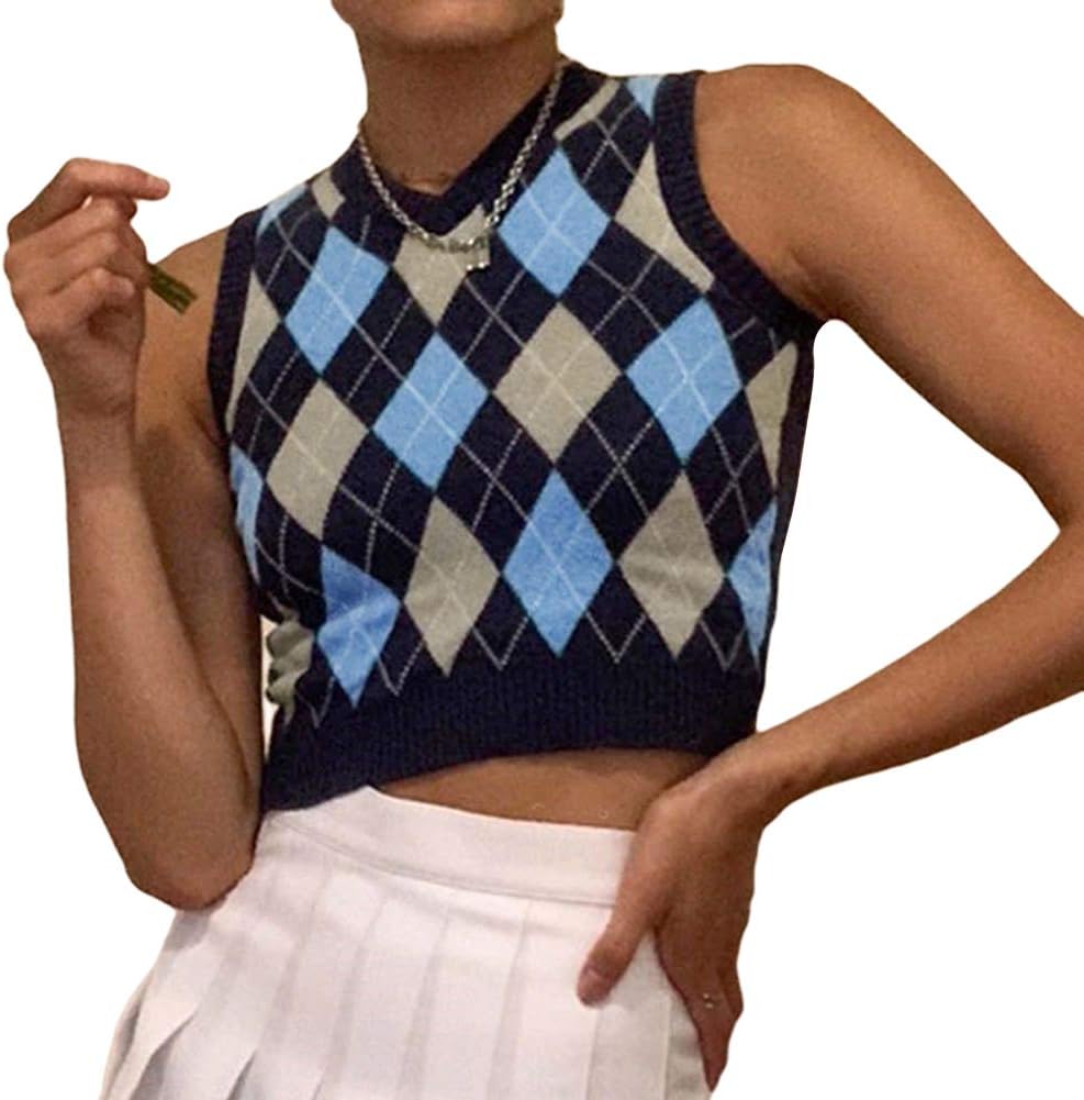 RouyamiaoWomen Streetwear Preppy Style Knitwear Tank Top V Neck Argyle Plaid Knitted Sweater Vest