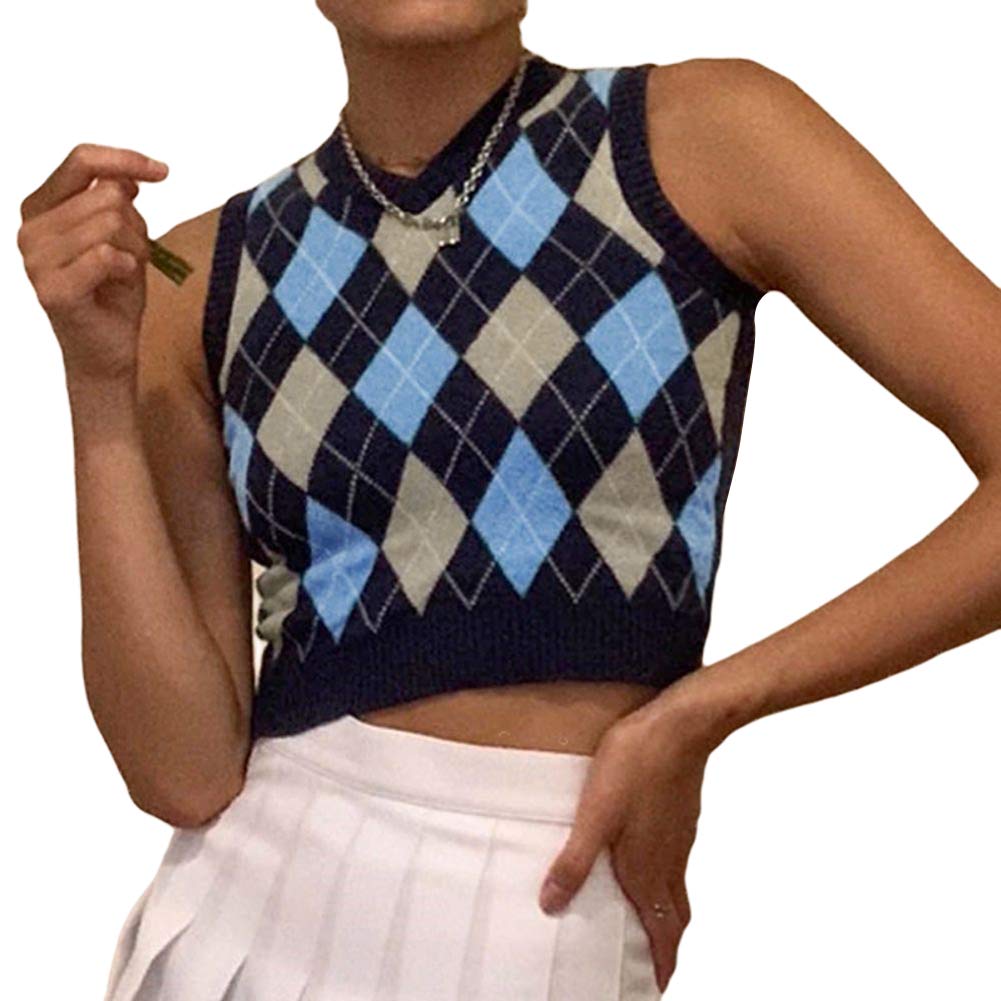 RouyamiaoWomen Streetwear Preppy Style Knitwear Tank Top V Neck Argyle Plaid Knitted Sweater Vest
