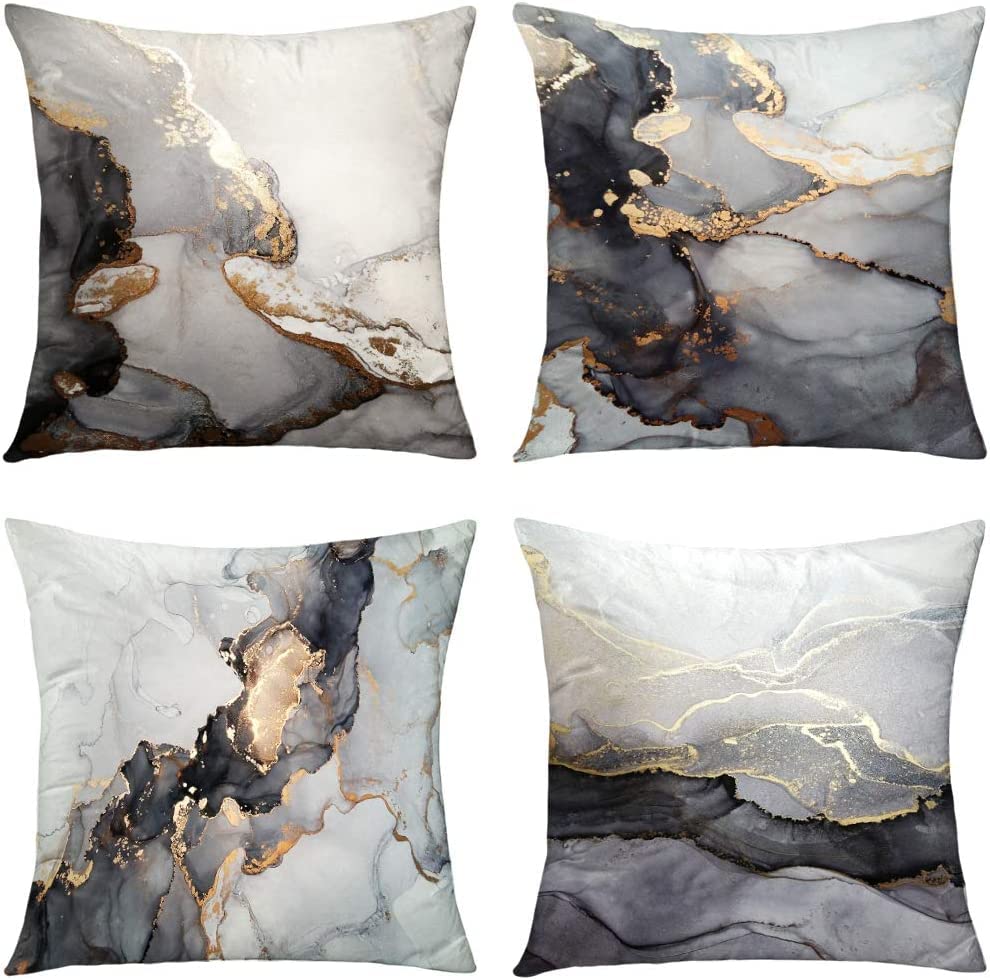Geliking Sofa Cushion Covers 18x18 Inches Polyester Throw Pillow Case Marble Texture Black and Gold Silver Cushion Covers Replacement for Home Decor, 45cm x 45cm, Set of 4 (grey) — image 1