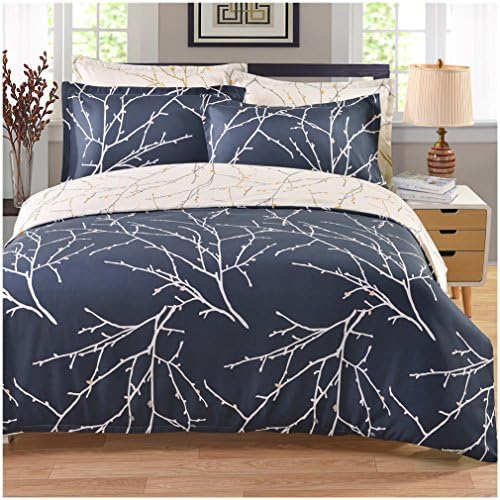 LingriPlan Luxury Duvet Cover Set-3 Piece Ultra Soft Double Brushed Microfiber Cover Reversiber Leafy Vines Design-Navy and White (King Size)