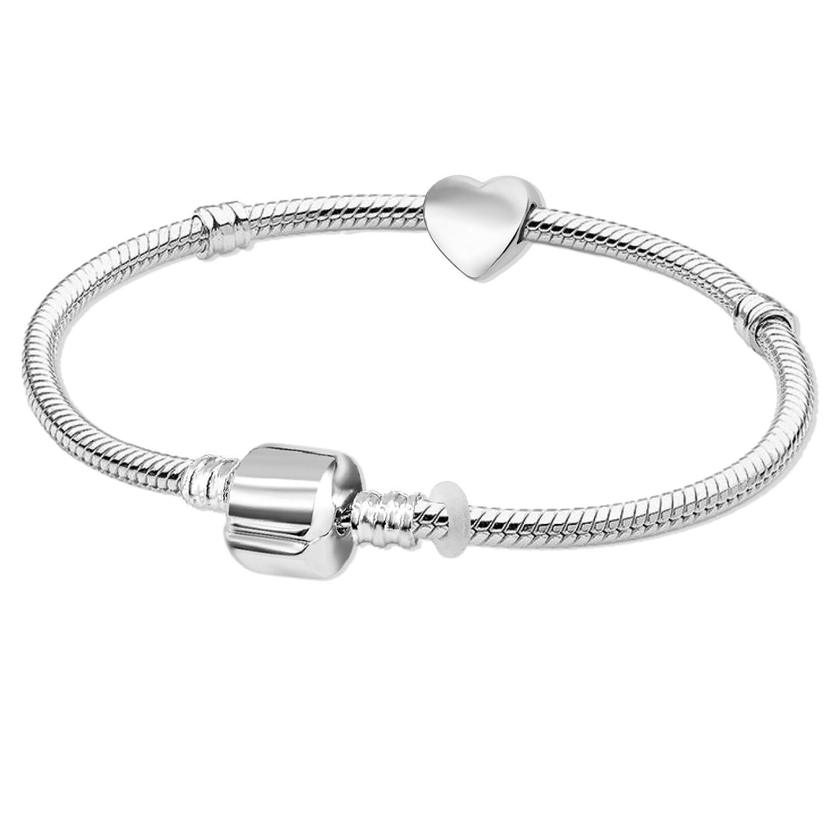 Silver Plated Starter Charm Bracelet with Heart – SIZE 22cm for Women, Snake Chain Bracelet with Gift Box, Compatible with Most European Charms
