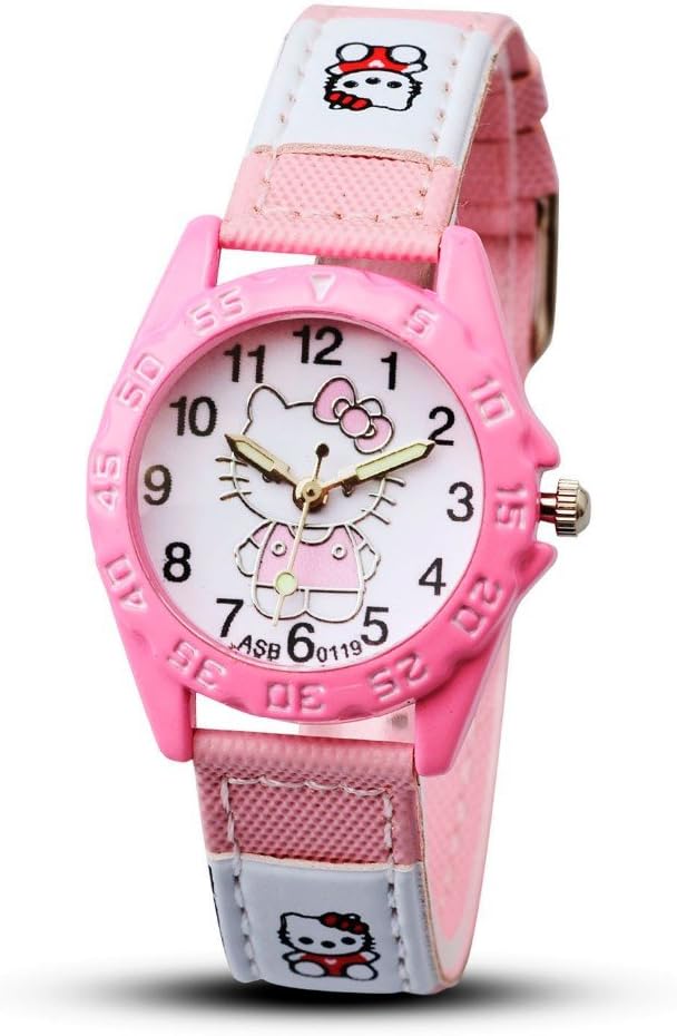 2018 Hello Kitty Cartoon Watches Kid Girls Leather Straps Wristwatch Children Hellokitty Quartz Watch Cute Clock Montre Enfant,8 Years (Pink Colour)