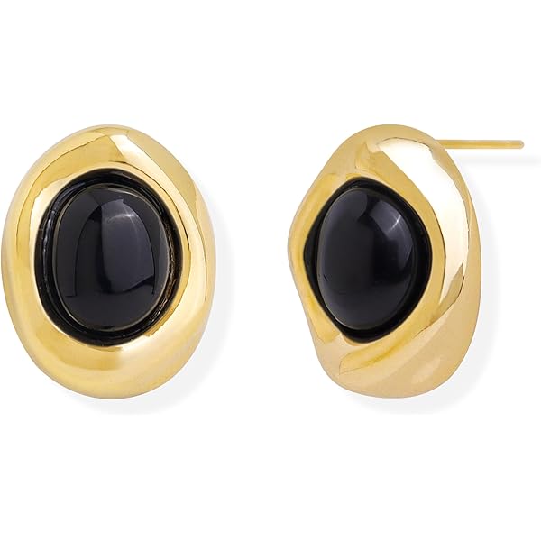 Chunky Black & Gold Earrings - Vintage Oval Onyx Statement Studs 18K Gold Plated