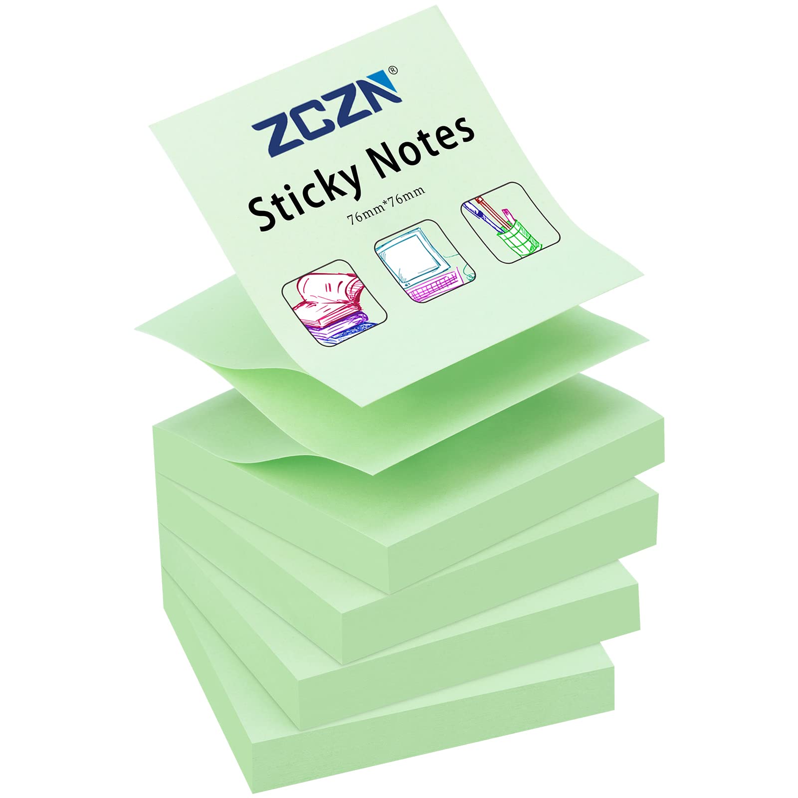 ZCZN Pop-up Sticky Notes 76 x 76 mm, 4 Pads Assorted Colours Self-Stick Notes, 100 Sheets/Pad, Light Green