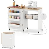 GIANTEX Folding Sewing Table with Charging Station, Storage Trays &amp; Shelf | Rolling Craft Table with Lockable Wheels, Foldable Sewing Machine Cabinet Desk for Small Spaces, Dorms, White &amp; Natural